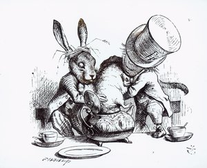 Mad Hatter和March Hare把睡鼠放在茶壶里，插图来自&39;爱丽丝梦游仙境&39;，作者：Lewis Carroll，1865 作者 约翰·坦尼尔
