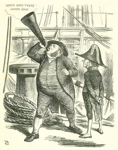 The Officious Passenger: Reform of Parliament - extension of the franchise. The Prime Minister, Lord John Russell, asking John Bright to stop trumpeting the Reform Bill. Russell defeated by Parliament on the Reform Bill in May 1866. John Tenniel cartoon fr 作者 约翰·坦尼尔