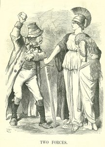Two Forces: Irish Land League outlawed. Britannia protects Hibernia (Ireland) with the Force of Law against the Force of Anarchy. John Tenniel cartoon from Punch, London, 29 October 1881. 作者 约翰·坦尼尔