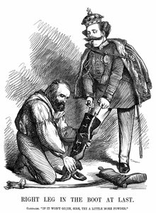 意大利的统一。朱塞佩-加里波第（1807-1882）帮助维克多-伊曼纽尔二世（1820-78）穿上了意大利的靴子。John Tenniel的漫画，来自伦敦的Punch。 作者 约翰·坦尼尔