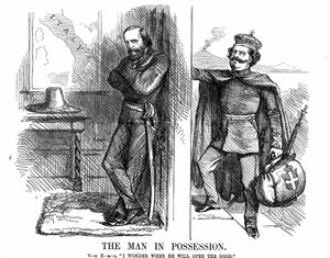 Unification of Italy: Victor Emmanuel II (1820-1878), first king of Italy from February 1861, knocking on the door of Naples which Garibaldi (1807-1882) with his Red Shirts has conquered on behalf of the new Kingdom of Italy. John Tenniel cartoon from Punc 作者 约翰·坦尼尔