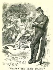 (爱尔兰)警察在哪里？英国首相威廉-格莱斯顿（William Gladstone）观察着爱尔兰的动乱，等待着干预。4月，议会通过了一项新的爱尔兰和平保护法。John Tenniel的漫画，来自伦敦的Punch 作者 约翰·坦尼尔