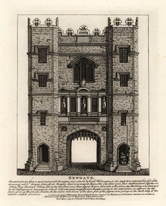 纽盖特，在 1672 年伦敦大火后重建，在前伦敦市长理查德·威廷顿 (Richard Wittington) 建造的大门上有正义、坚韧和审慎三个人物 作者 约翰·托马斯·史密斯