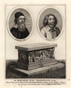 博物学家和收藏家 John Tradescant the Elder 和 Younger 的椭圆形肖像，以及他们在圣玛丽兰贝斯墓地的墓碑 作者 约翰·托马斯·史密斯