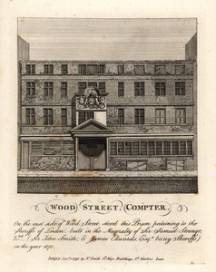 伍德街监狱（Wood Street Compter），伦敦治安官拥有的监狱，建于1670年塞缪尔-斯特兰奇爵士的市长任期。 作者 约翰·托马斯·史密斯