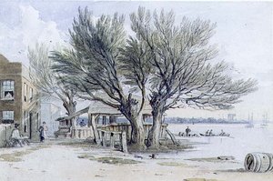 泰晤士河畔的建筑和花楸树，米尔班克（水彩、铅笔、钢笔和墨水）。 作者 约翰·瓦利