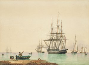 H.M.S.复仇号（纸上钢笔、墨水和水彩画）