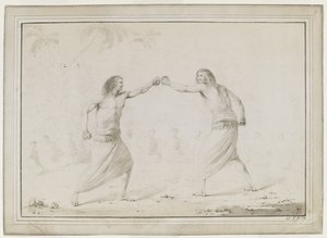 （全图）两名男子拳击，观众围成半圆形，背景隐约描绘出棕榈树 作者 约翰·韦伯