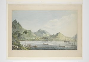 16：Huaheine 的景色，来自一系列描绘库克船长最后一次航行的水彩画，约 1773-84 年（纸本水彩） 作者 约翰·韦伯