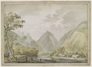 俯瞰瓦伊泰皮哈河，两名塔希提人在前景的独木舟上，另外两人在岸边。右边是塔希提人的房屋。1777 年 8 月 作者 约翰·韦伯