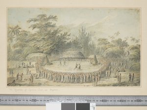F.4 库克船长在哈帕伊的接待，约1773-84年（水彩和版画）。 作者 约翰·韦伯