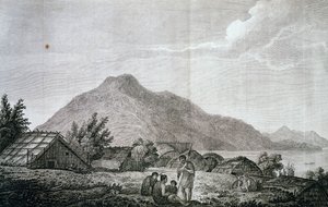 莫图阿拉岛上的河马内部，根据约翰-韦伯（1750-1793）的绘图，来自詹姆斯-库克（1776-1779）最后一次航行的记录。 雕刻 作者 约翰·韦伯