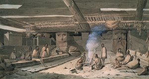 诺特卡美洲原住民房屋的内部，由约翰-韦伯绘制。 作者 约翰·韦伯