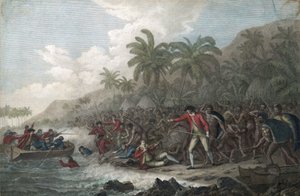 Le capitaine James Cook (1728-1779, explorateur britannique) tue par les indigenes hawaiens, dans la baie Kealakekua, sur les iles Sandwich (Polynesie), en 1779 - The Death of Captain James Cook on February 14
