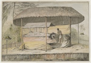 奥海特佩哈酋长瓦海杜阿 (Waheiadooa) 躺在床上，由库克船长在 1777 年 8 月 19 日访问塔希提岛时记录下来。葬礼舞台上支撑着裹尸布的尸体和一名侍从。 它们被草顶遮阳篷所遮蔽，周围环绕着低矮的屋顶。 作者 约翰·韦伯