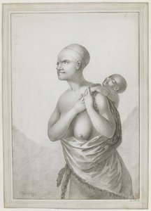 [整幅画] 一名塔斯马尼亚妇女背着一个孩子，左肩上挂着一张皮，挂在腰间。1777 年 1 月 作者 约翰·韦伯