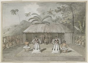 [全图] Otaheite [塔希提岛] 的舞蹈或heiva。两个男人和两个女人在跳舞，后面有鼓手，两边都有观众。 1777 年 9 月 作者 约翰·韦伯