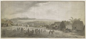 [整幅图画] 1778 年 1 月库克船长访问阿图伊岛[可爱岛]威美亚村的图画。一些人在滚木桶，其他人在与夏威夷人讨价还价。右边，两个土著人抬着一头串在杆子上的猪。在他们身后，是当地人的小屋和猪圈。 作者 约翰·韦伯