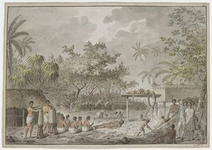 [整幅画] 1777 年 9 月 1 日库克船长在塔希提岛阿塔胡罗[乌图伊马胡鲁]的大摩拉伊见证的人祭。前景是一个被捆绑的人，后面是为尸体挖洞的人，Whatta 里有两只狗和三只鹅。 作者 约翰·韦伯