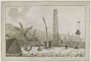 [全图] 阿图伊[夏威夷群岛，可爱岛]的 "morai "或埋葬地景观，包括一座长屋和围墙内的高大镂空塔。库克船长在 1778 年 1 月 21 日的日志中描述道 作者 约翰·韦伯