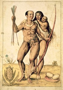美国原住民家庭，约1585-87（纸上水彩）。 作者 约翰怀特