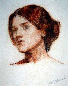 玫瑰园》女孩头部研究，约1910年（纸上红色蜡笔和铅笔）。 作者 约翰·威廉姆·沃特豪斯
