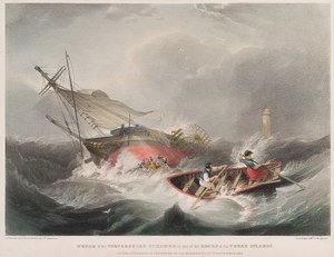福法郡（Forfarshire）汽船在法恩群岛（英格兰）礁石上沉没，9 月 7 日日出时的景象 作者 约翰·威尔逊·卡迈克尔