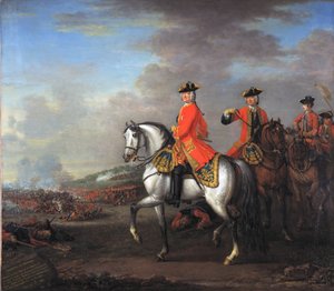国王乔治二世（1683-1760）在Dettingen战役，与坎伯兰公爵和罗伯特，第四届霍尔德伯爵，1743年6月27日，c.1743 作者 约翰·伍顿