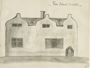 利奇菲尔德-语法学校：棕褐色水墨画，nd [1784]（绘制）