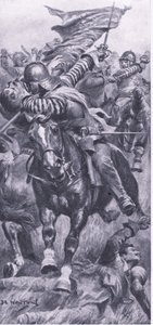 Lieutenat John Smith于1642年10月23日在Edgehill重新夺回国王标准，1915年英国陆地和海上战役的插图