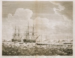 1773年8月7日的“赛马”和“胴体”的视图，来自1773年出版的“1773年陛下命令对北极的航行”