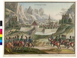 1799 年奥地利军队征服 Luziensteig（水彩画） 作者 乔科布·普拉西杜斯·阿尔特穆特