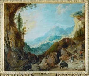 有一座桥和四名骑士的山景 ... 作者 Joos de (追随者) Momper