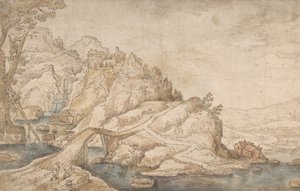 有河、桥和房屋的丘陵景观，左侧有两个人物，16世纪末-17世纪中叶。 作者 Joos de Momper the Younger。