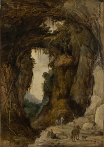 有石窟和骑手的风景，约 1616 年（油画板）