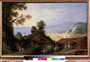 山坡上的小教堂景观。骑着犁的农民在小路上漫步。Joos de Momper Le Jeune（1564-1635 年）的作品，约绘于 1608-1610 年。佛兰德艺术。木板油画。普什基美术博物馆