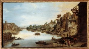 罗马台伯河 (Tevere) 的景色 左边的高跷房子。 Josse Momper II (1564-1635) 的绘画