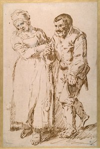 一位老农在妻子的引导下走过的台阶（纸上粉笔水墨）。 作者 Joos van (attr. To) Craesbeeck