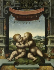 婴儿基督和施洗者圣约翰拥抱，1520-25 作者 乔斯范克里夫