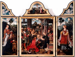 贤士崇拜的胰蛋白酶。 Joos Van Cleve the young (1485-1540) 1515 Dim 在木头上作画。 260x200 厘米基因，圣多纳托教堂 作者 乔斯范克里夫
