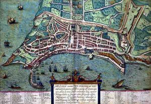 安科纳地图，出自乔治-布劳恩（1541-1622）和弗兰斯-霍根堡（1535-90）的《Civitates Orbis Terrarum》，约1572年（彩色雕刻）。 作者 乔里斯（后）霍夫纳格尔