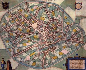 天恩地图，出自乔治-布劳恩（1541-1622）和弗兰斯-霍根伯格（1535-90）约1572-1617年所作的 "Civitates Orbis Terrarum"（彩色雕版画）。 作者 乔里斯（后）霍夫纳格尔
