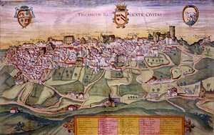 特里卡里科地图，出自乔治-布劳恩（1541-1622）和弗兰斯-霍根伯格（1535-90）的《世界城市》，约1572-1617（彩色雕刻）。
