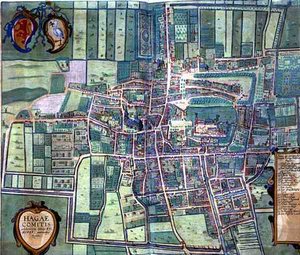 海牙地图，摘自乔治-布劳恩（1541-1622）和弗兰斯-霍根堡（1535-90）的《Civitates Orbis Terrarum》，约1572年（彩色版画）。 作者 乔里斯（后）霍夫纳格尔