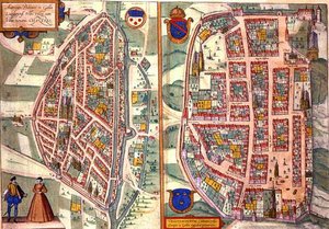 沙特尔和杜努瓦的地图，出自乔治-布劳恩（1541-1622）和弗兰斯-霍根伯格（1535-90）约1572-1617年所作的《地球上的文明》（彩色雕刻）。 作者 乔里斯（后）霍夫纳格尔