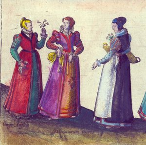 伊丽莎白时代的英国女性，1598年（手工彩色铜版画） 作者 乔里斯·霍夫纳格尔