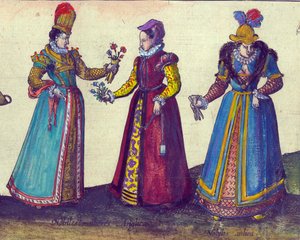 伊丽莎白时代的英国女性，1598年手工彩色铜雕刻细节324184 作者 乔里斯·霍夫纳格尔