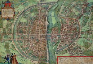 巴黎地图，来自&39;Civitates Orbis Terrarum&39;的Georg Braun（1541-1622）和Frans Hogenberg（1535-90），c.1572（彩色雕刻）