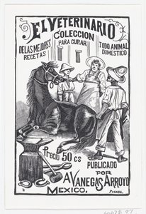 一群人围着一匹马，《El Veterinario The Vete...》的插图，约1880-1910年。 作者 何塞·瓜达卢佩·波萨达