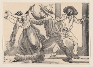 一个男人抓住一个女人的袖子并刺伤了她，来自一张题为 "谋杀 "的大字报，1891年。 作者 何塞·瓜达卢佩·波萨达